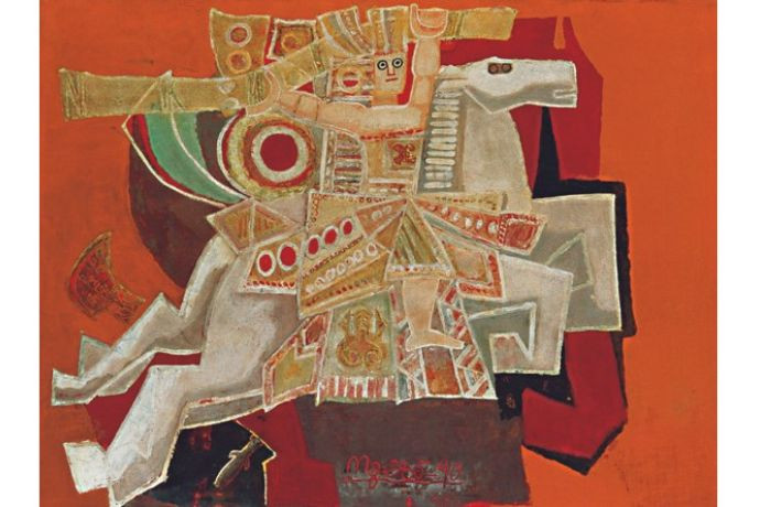 Bức tranh sơn mài Thánh Gióng của Nguyễn Tư Nghiêm, lấy cảm hứng từ truyền thuyết anh hùng dân tộc