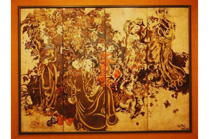 Bức tranh sơn mài 'Thiếu nữ Bên Hoa Phù Dung' của Nguyễn Gia Trí, miêu tả vẻ đẹp phụ nữ Việt bên hoa phù dung nở rộ