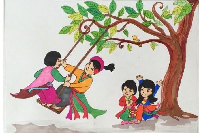 Bức tranh thể hiện cảnh các cô gái xinh đẹp chơi đánh đu, gợi nhớ không khí lễ hội qua tranh vẽ trò chơi dân gian.