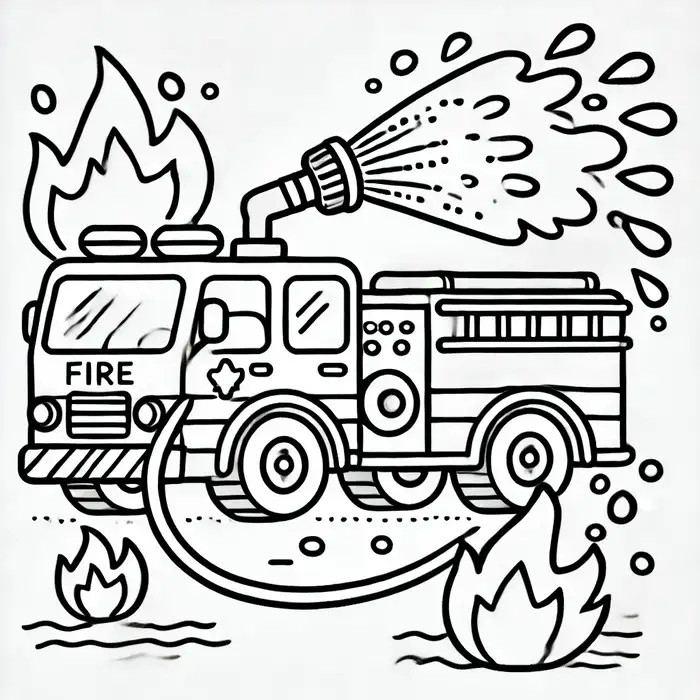 Bức tranh tô màu cảnh xe cứu hỏa tham gia dập tắt đám cháy
