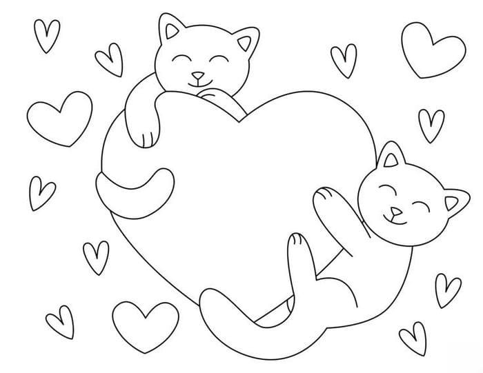 Bức tranh tô màu hình trái tim và chú mèo con ngộ nghĩnh