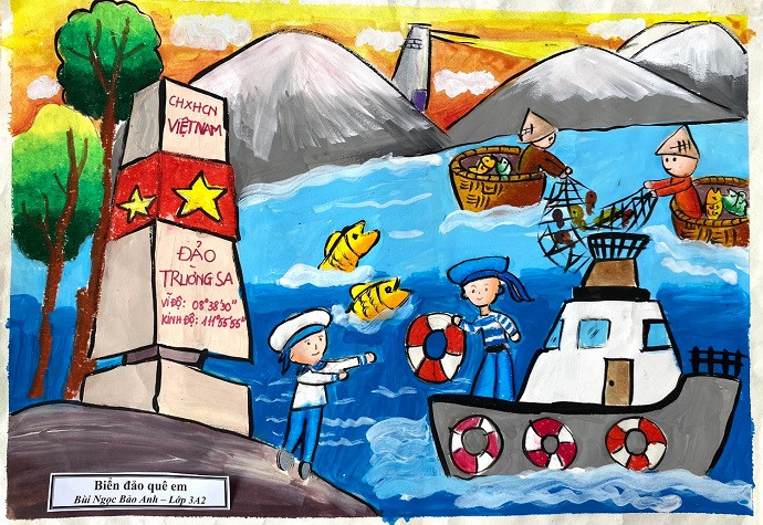 Bức tranh vẽ biển đảo của học sinh về chiến sĩ hải quân và cờ đỏ sao vàng trên đảo