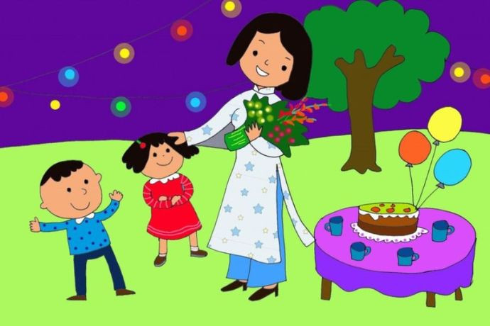 Bức tranh vẽ cảnh các em học sinh vui vẻ tặng hoa và bánh kem cho cô giáo nhân ngày Phụ nữ Việt Nam