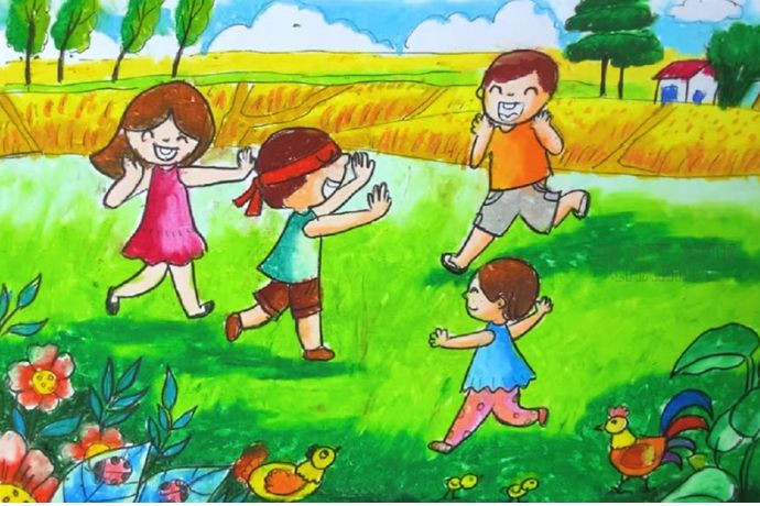 Bức tranh vẽ cảnh mọi người chơi bịt mắt bắt dê, thể hiện niềm vui và sự gắn kết trong trò chơi dân gian ngày Tết.