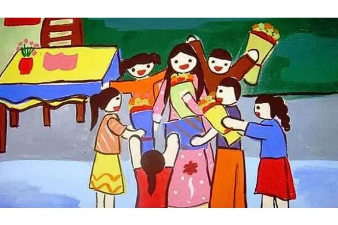 Bức tranh vẽ cô giáo với tập thể học sinh và khung cảnh trường học