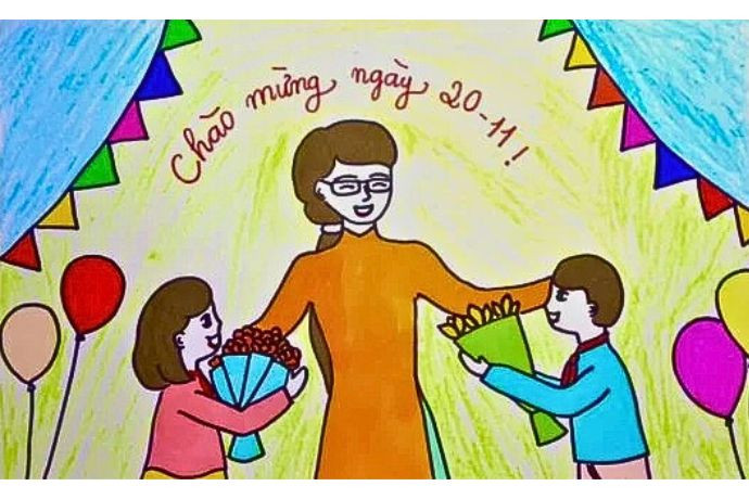 Bức tranh vẽ thầy cô và các em học sinh cùng sách vở tri thức