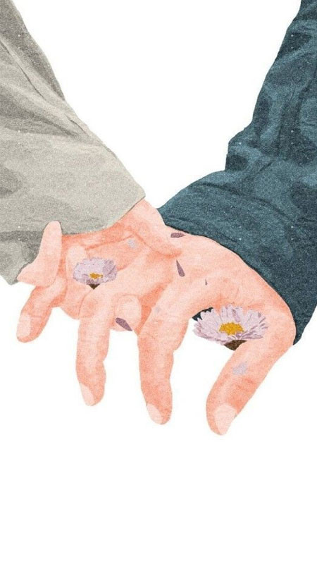 Bức vẽ anime đôi bàn tay nắm chặt với bối cảnh lãng mạn