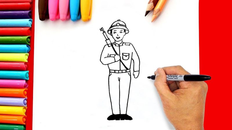 Bức vẽ chú bộ đội đã được tô màu hoàn chỉnh