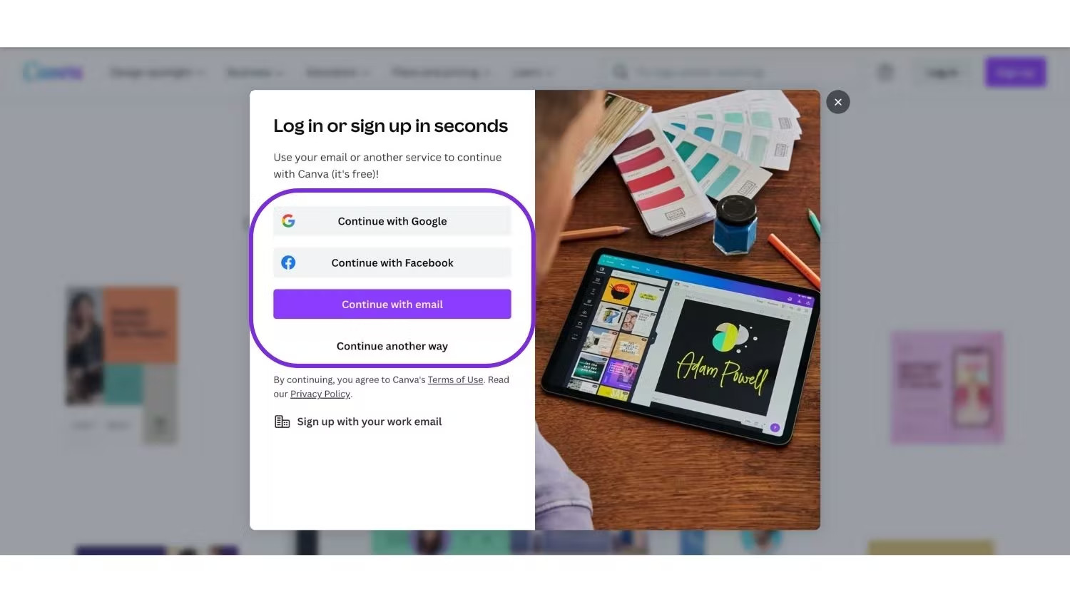 Bước 1: Màn hình lựa chọn phương thức đăng ký tài khoản Canva bằng email