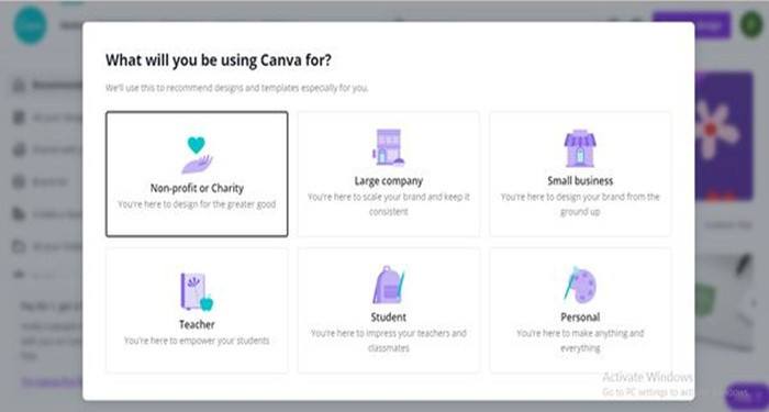 Bước 4: Chọn mục đích sử dụng Canva (học sinh, giáo viên, cá nhân,...) để hoàn thành đăng ký