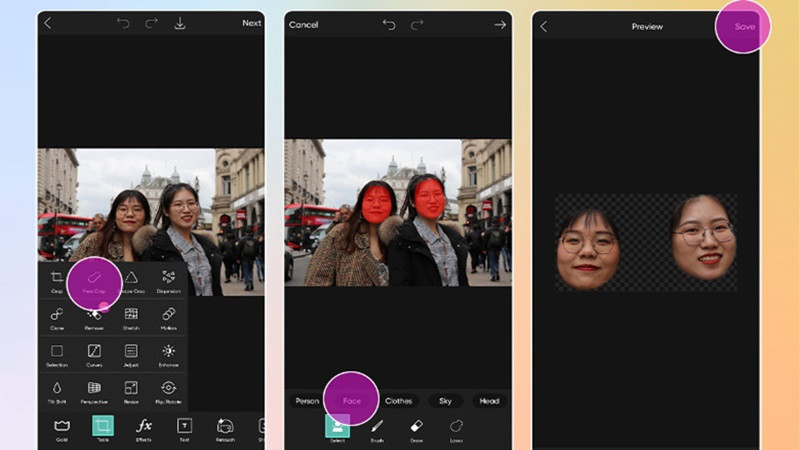 Bước chọn ảnh và khu vực cần ghép mặt trên ứng dụng PicsArt