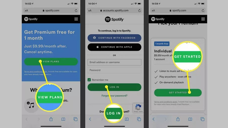 Bước chọn mục đăng ký hoặc nâng cấp gói Premium trên ứng dụng Spotify