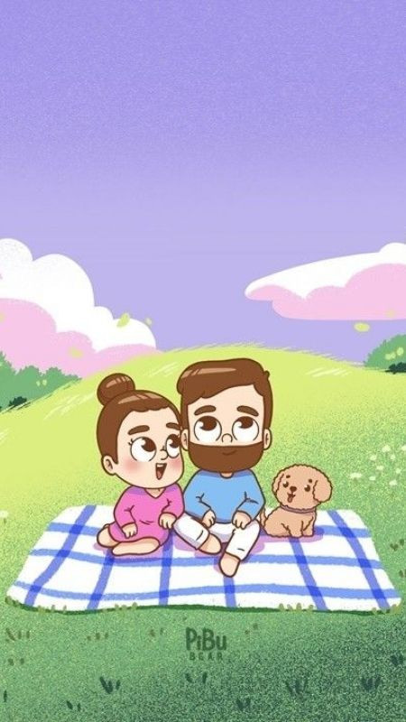 Buổi picnic dưới hoàng hôn của couple cùng cún con qua hình hoạt hình