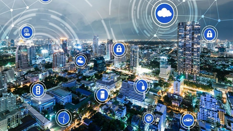 Các biểu tượng hoặc hình ảnh đại diện cho các công nghệ và giao thức kết nối phổ biến trong IoT như WiFi, Bluetooth, LPWAN, MQTT