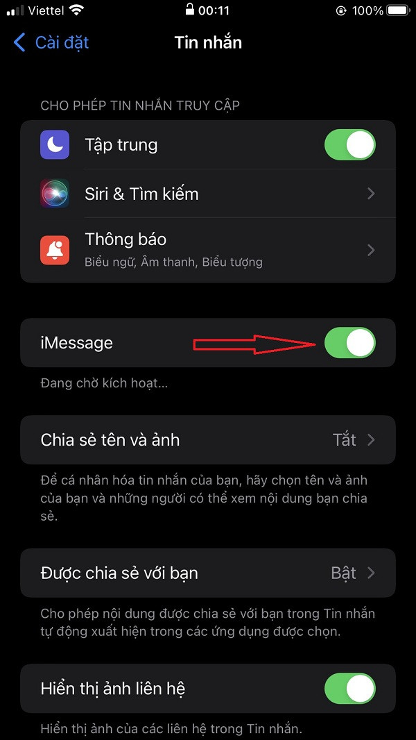 Các bước cài đặt bật tính năng iMessage trong ứng dụng Tin nhắn trên iPhone