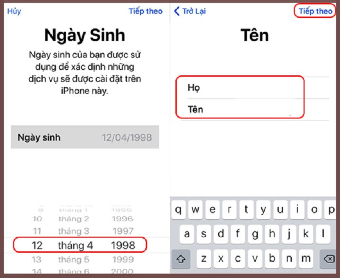 Các bước nhập ngày sinh và tên để bắt đầu tạo tài khoản Apple ID hoặc iCloud mới