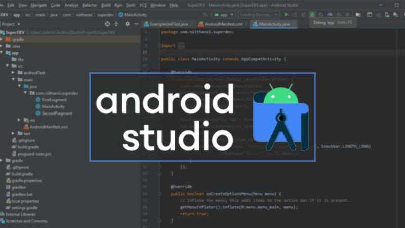 Các cửa sổ và công cụ trong giao diện Android Studio, minh họa ưu điểm về bộ công cụ toàn diện
