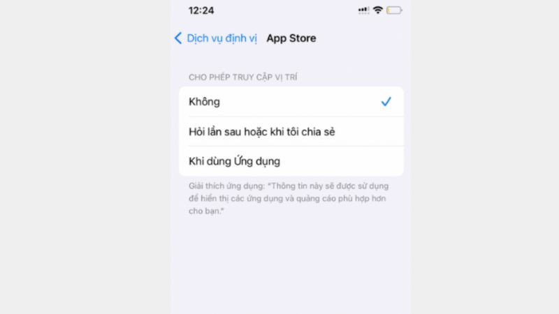 Các tùy chọn cấp quyền truy cập dịch vụ định vị cho ứng dụng trên thiết bị di động, giúp người dùng quản lý quyền riêng tư