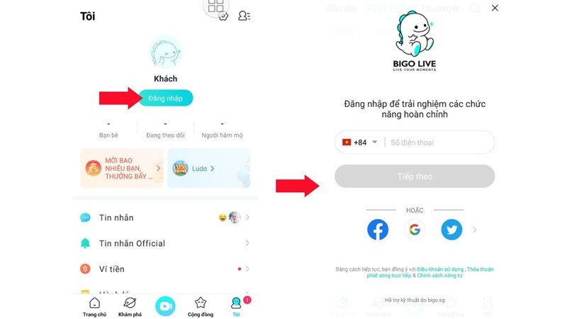 Các tùy chọn đăng ký tài khoản Bigo Live bằng số điện thoại, Google, Facebook