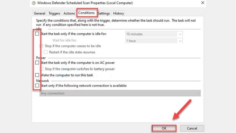 Các tùy chọn điều kiện hoạt động được bỏ chọn trong tab Conditions của Task Scheduler