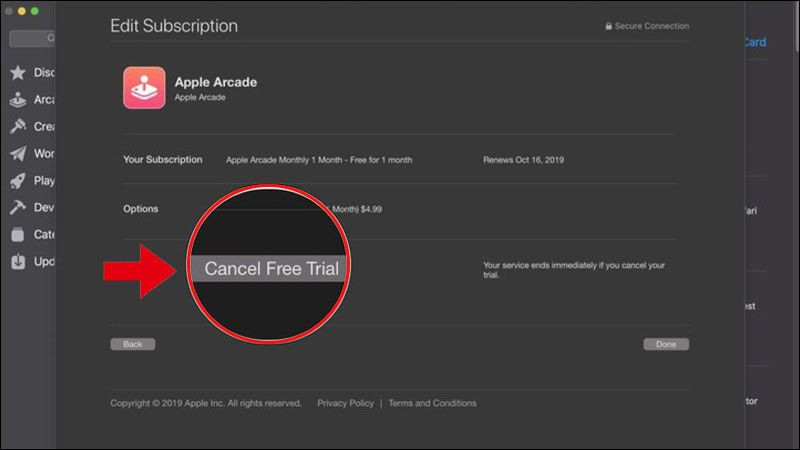 Các tùy chọn hủy đăng ký hoặc dùng thử Apple Arcade trên MacBook