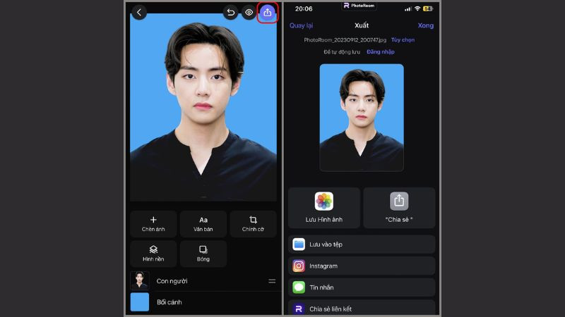 Các tùy chọn lưu và chia sẻ ảnh đã hoàn thành việc ghép ảnh nền trắng hoặc xanh trong ứng dụng Photoroom