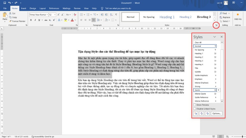 Cách mở rộng thư viện Style có sẵn trong nhóm Styles trên tab Home của Word
