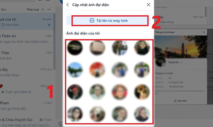 Cách thay ảnh avatar Zalo trên máy tính: Bước 3 nhấp biểu tượng máy ảnh
