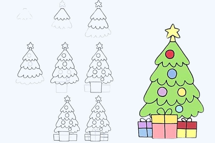 Cách vẽ cây thông Noel cute bằng các bước đơn giản
