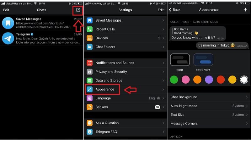 Cài đặt kích hoạt chế độ ban đêm tự động (Auto-Night Mode) trong Telegram