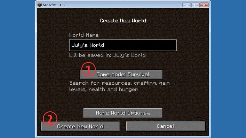 Cài đặt thế giới mới trong game, bao gồm đặt tên và chọn chế độ chơi, để tạo phòng Hamachi