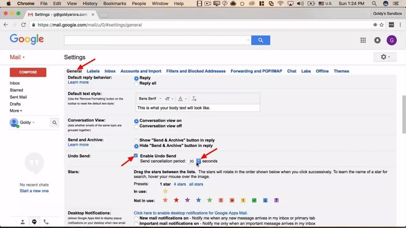Cài đặt thời gian hủy gửi email (Undo Send) trong tab General của Gmail