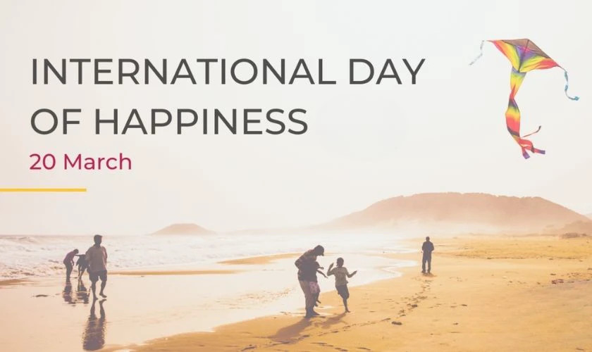 Cảnh bãi biển yên bình với dòng chữ 'World Happiness Day', mang cảm giác thư thái
