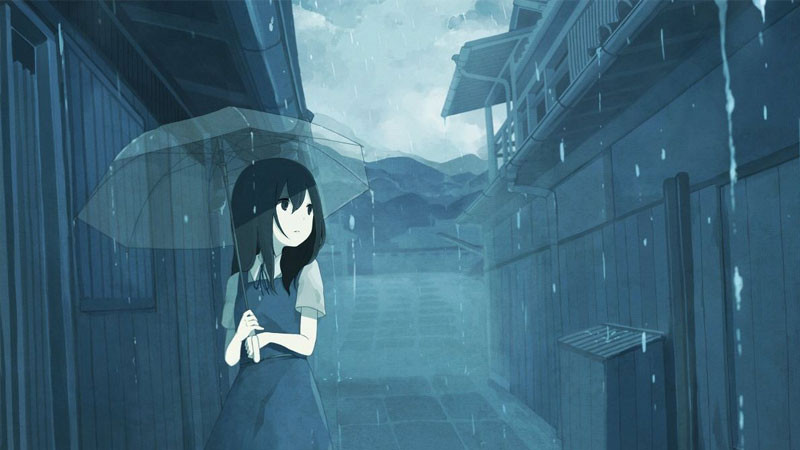 Cảnh buồn anime với bầu trời tối và những tòa nhà