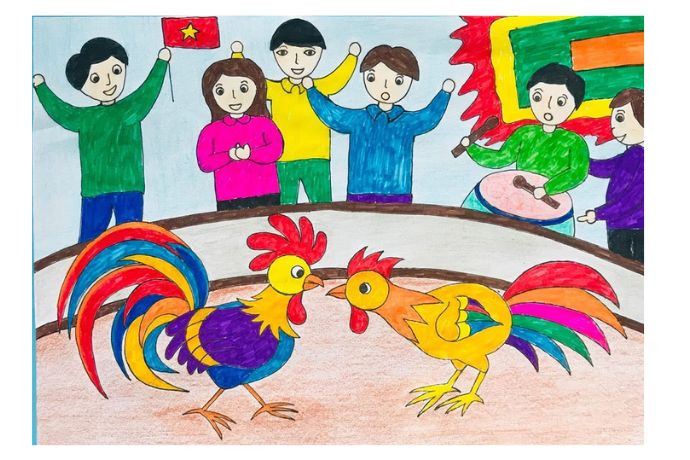 Cảnh chọi gà nhộn nhịp và đầy màu sắc được phác họa trong một bức tranh vẽ trò chơi dân gian ngày Tết.
