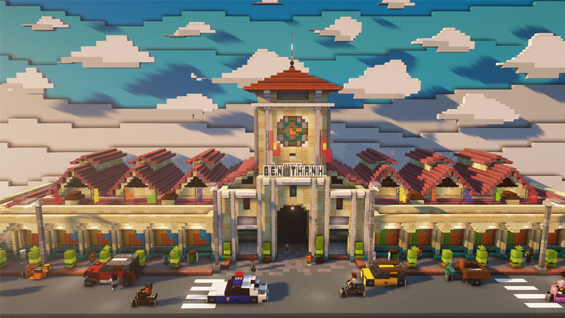 Cảnh hoàng hôn trong Minecraft với tông màu ấm áp