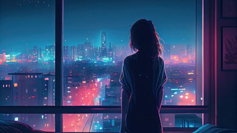 Cảnh một người ngồi trong quán cà phê phong cách lofi gợi cảm giác tâm trạng