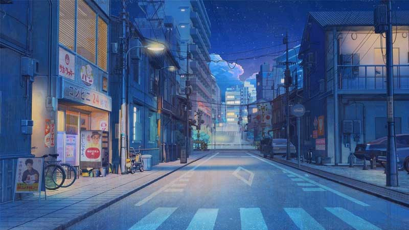 Cảnh quan thành phố đêm trong anime nhìn từ trên cao, với tông màu tím và xanh chủ đạo