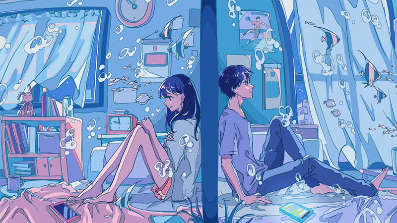 Cảnh trong phim anime với sắc xanh dương làm chủ đạo