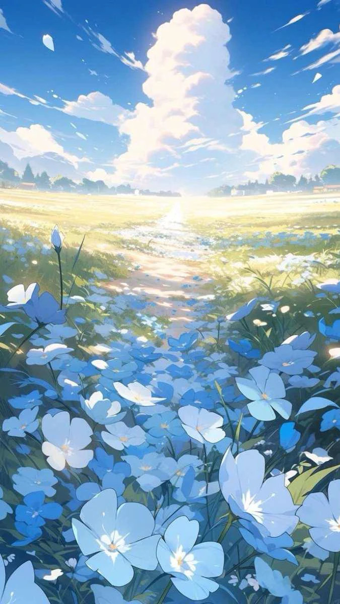 Cánh vườn hoa rộng lớn dưới bầu trời xanh dương