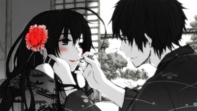 Cặp đôi anime trắng đen trong khung cảnh thành phố