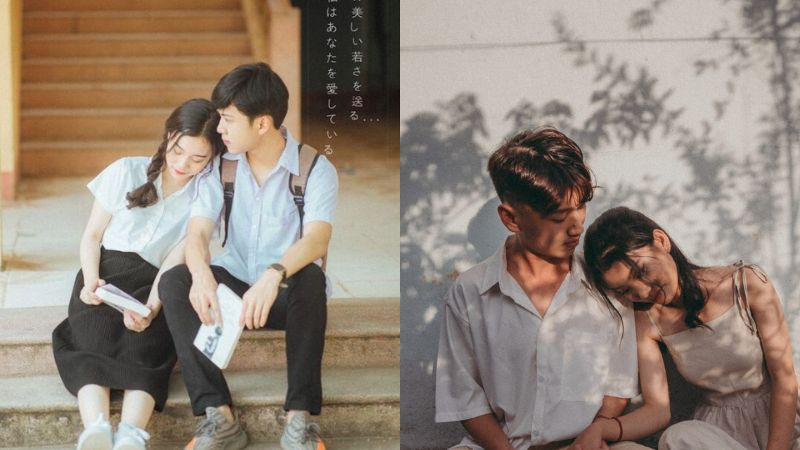 Cặp đôi tựa vai nhau khi chụp ảnh dáng đẹp che mặt, thể hiện sự gắn kết