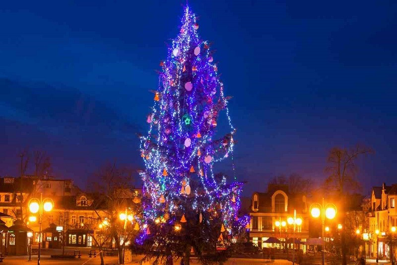 Cây thông Noel phủ tuyết giả và trang trí hình các nhân vật hoạt hình