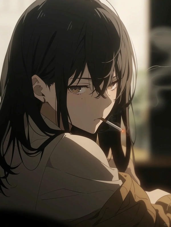 Chân dung anime girl tóc đen ngắn, mắt sắc bén