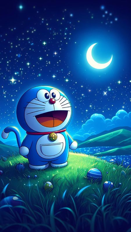 Chân dung chú mèo máy Doraemon đang cười tươi làm ảnh nền điện thoại 4K