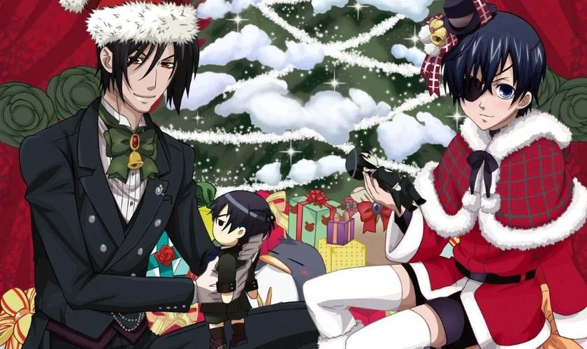 Chàng trai anime chibi dễ thương bên cây thông Noel