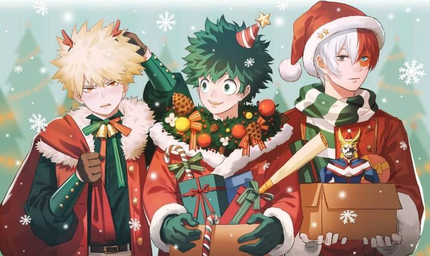 Chàng trai anime chibi dễ thương cùng hộp quà Giáng sinh