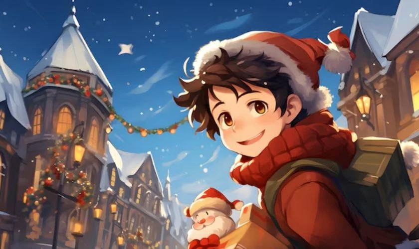 Chàng trai anime chibi dễ thương mỉm cười trong trang phục Giáng sinh