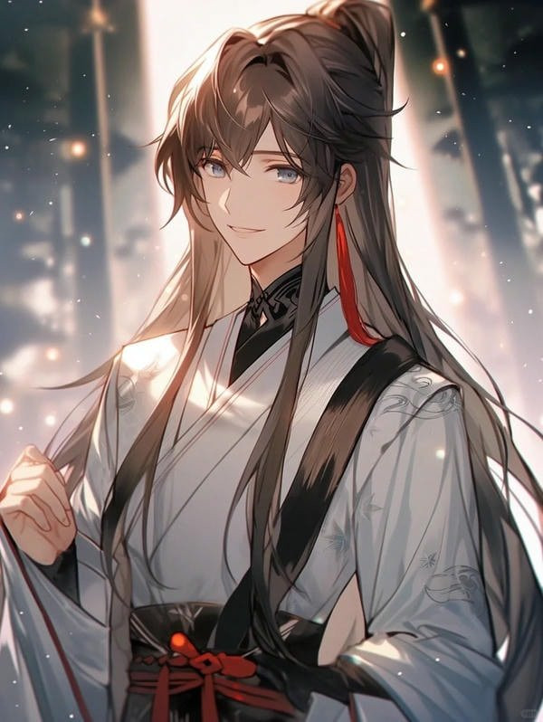 Chàng trai anime cổ trang với mái tóc đen dài và ánh mắt sắc sảo