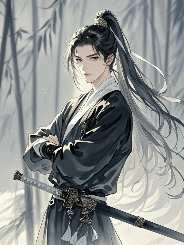 Chàng trai anime cổ trang với nụ cười nhẹ, trong bối cảnh cung đình